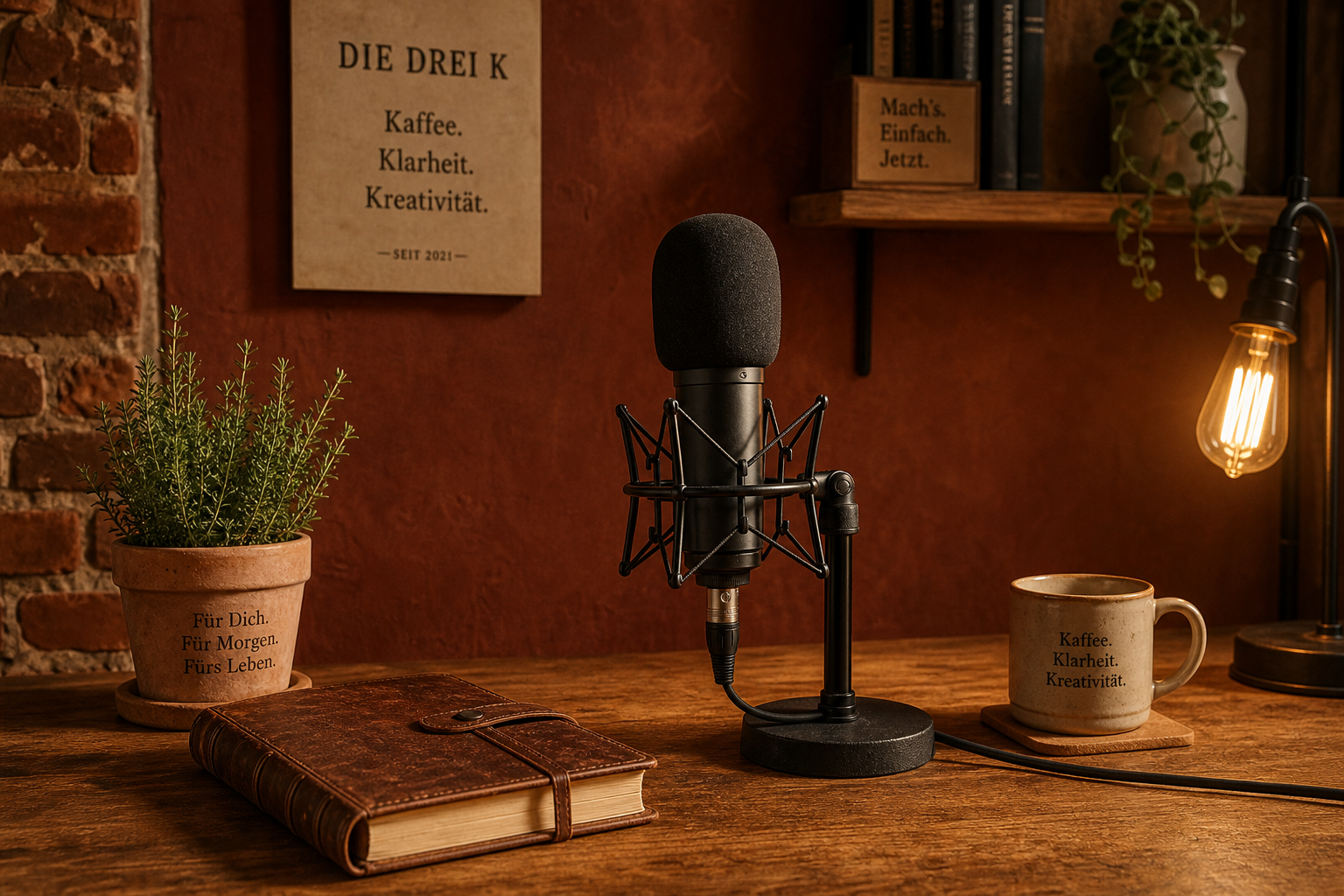 Professionelles Audio-Recording-Setup auf hellem Holzschreibtisch mit Mikrofon und Kopfhörern